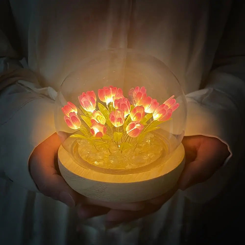 Birthday Gifts Mom Assembled Tulip Light Handmade Artificial Flower Table Lamp Bedroom Desk Decoration for Daughter Girlfriend