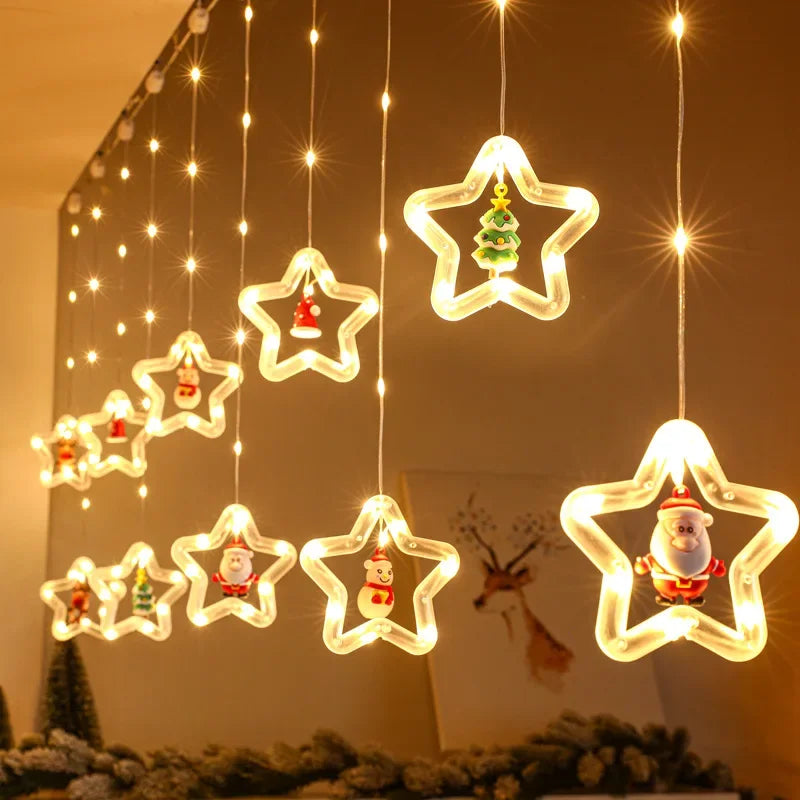 Christmas Lights String Star Santa Claus Curtain Light USB Plug Holiday Party Garland Lamp For Home Bedroom Window Decoration