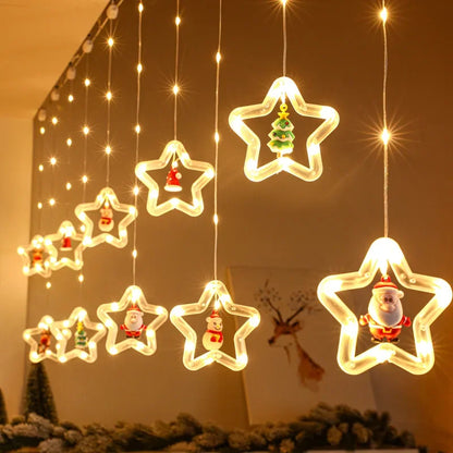 Christmas Lights String Star Santa Claus Curtain Light USB Plug Holiday Party Garland Lamp For Home Bedroom Window Decoration