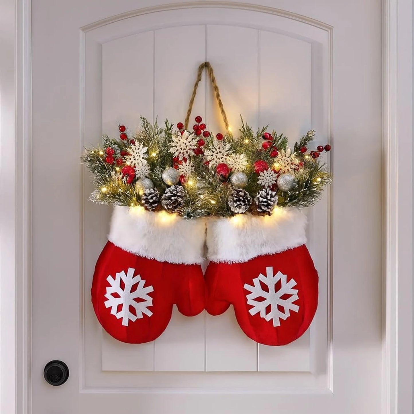 Christmas Gloves Wreath Hanging Ornament Decoration Frosted Pinecones And Red Berries For Holiday Home Wall And Stair Door Decor