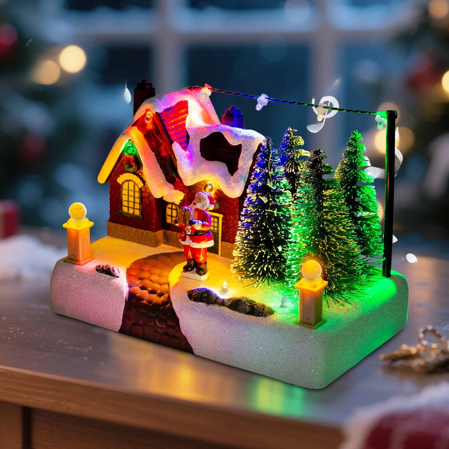 Christmas Village Scene Collectible Building with Lights Trees Santa Claus Snow Town Landscape Decor Holiday Home Desk Fireplace