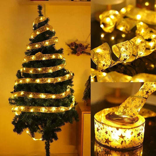 Christmas Decoration LED Ribbon Lights Christmas Tree Ornaments DIY Lace Bows String Light Navidad Home Decoration New Year 2025