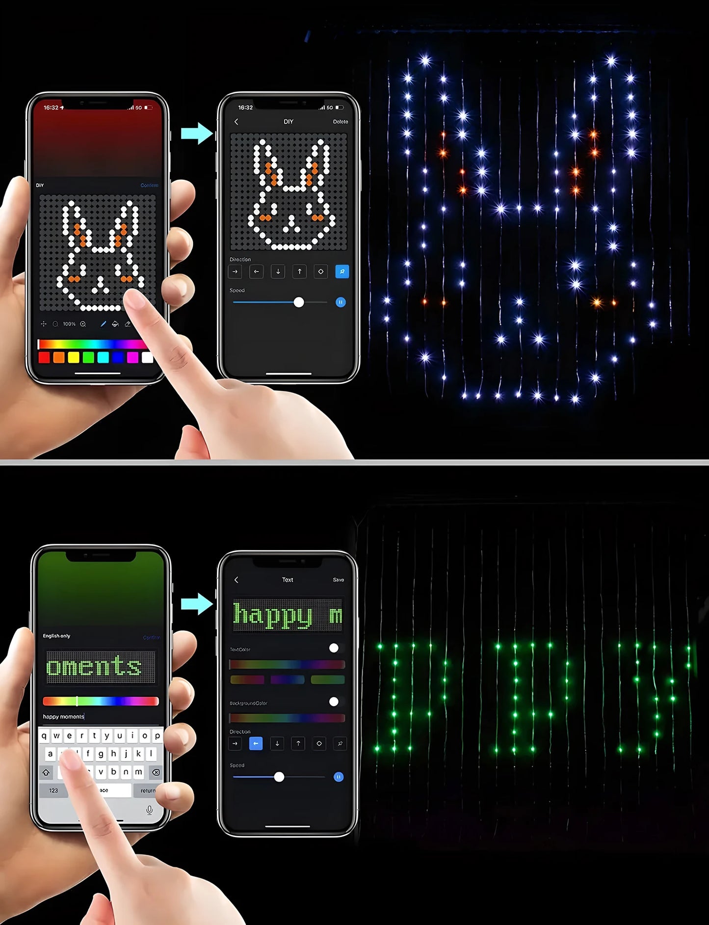 Christmas LED Curtain Lights Smart APP Controlled DIY Text Pattern Animation Display Music Change Light Garland Festival Decor