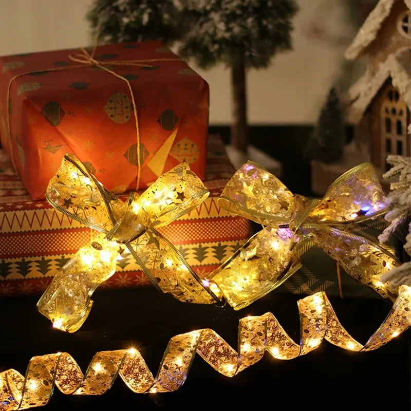 Christmas Decoration LED Ribbon Lights Christmas Tree Ornaments DIY Lace Bows String Light Navidad Home Decoration New Year 2025