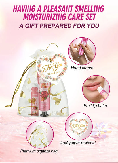 12 Hand gift Hand cream and lip balm set Friends Party Gift with love net bag and thank you card Holiday gift