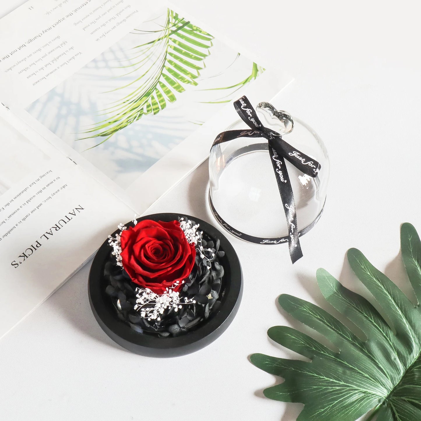 Gifts for Girls Eternal Flowers In Heart Glass Dome with Led Light Forever Preserved Rose Wedding Gift for Mom Women Girlfriend