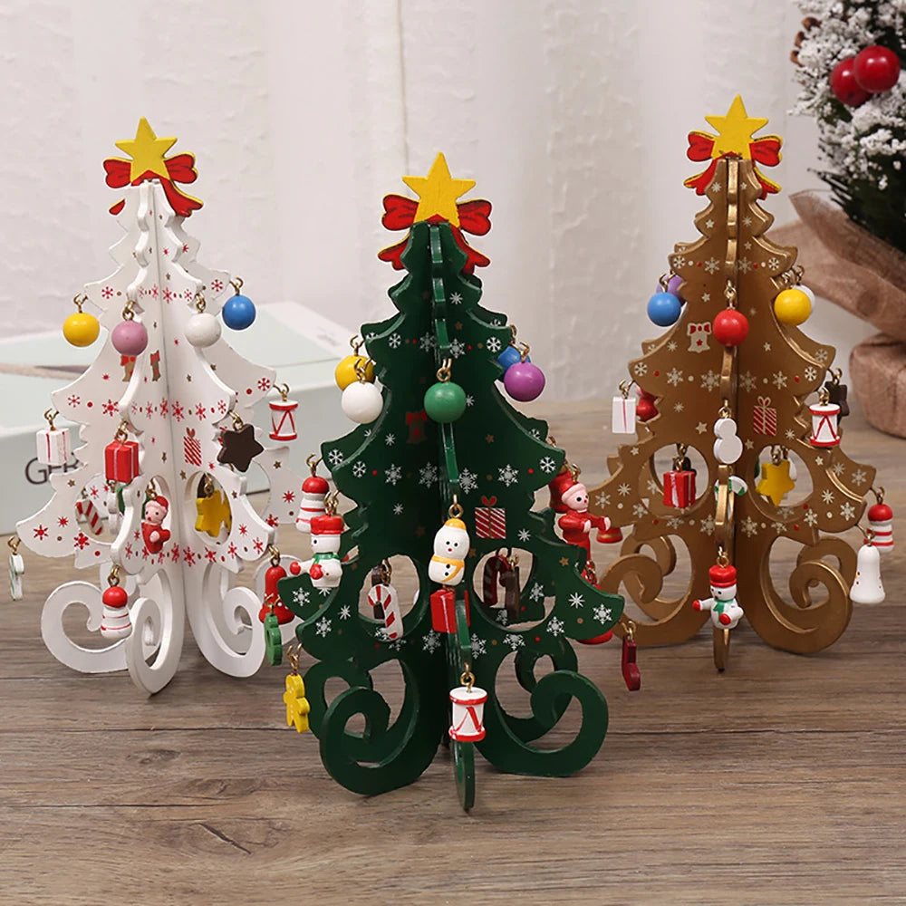 Classic Wooden Christmas Trees with Ornaments Handcrafted Tabletop Holiday Decor Festive Miniature Pine Tree Set for Home Party