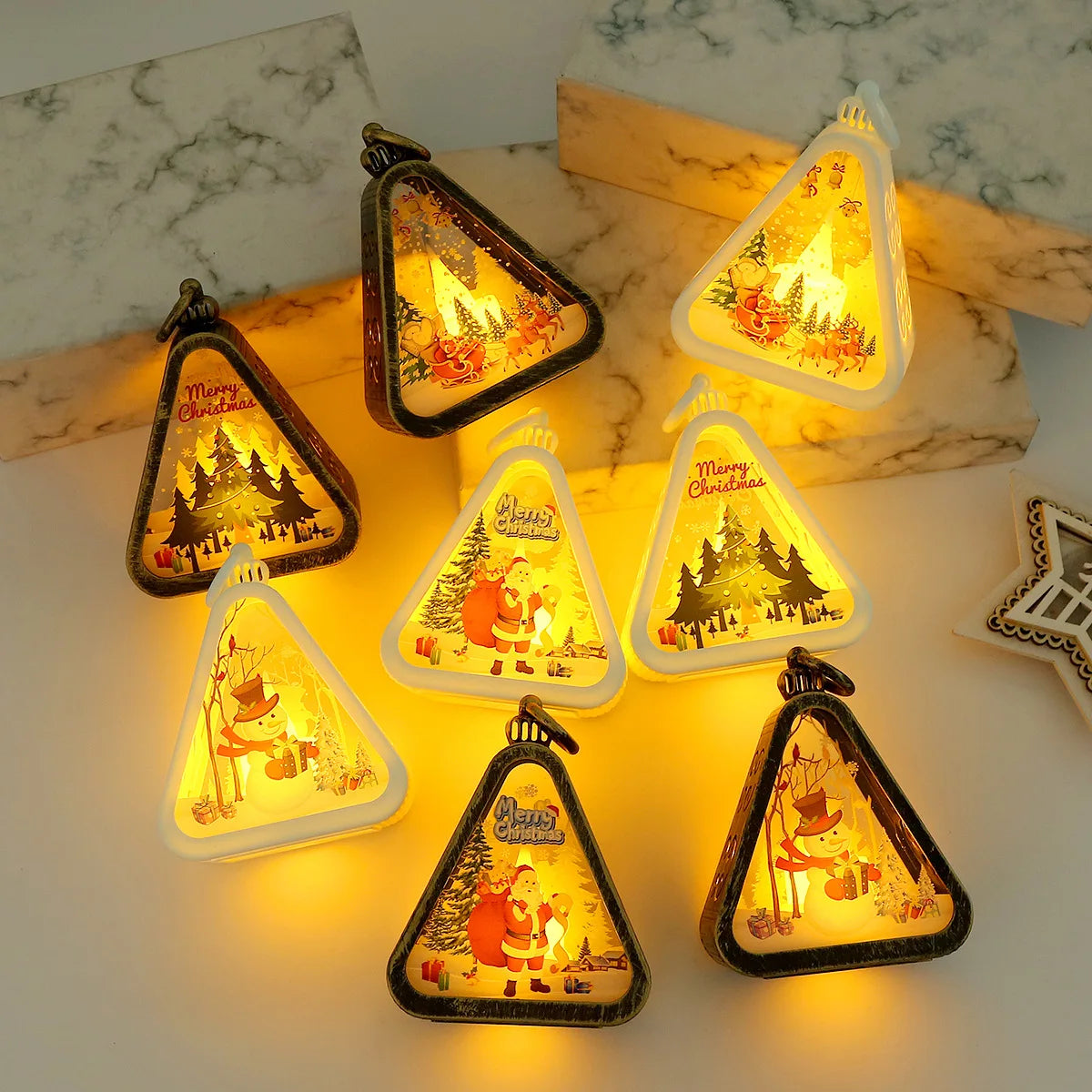 Christmas decorations night lights glowing gifts window tabletop ornaments arrangement props ambient christmas tree pendants