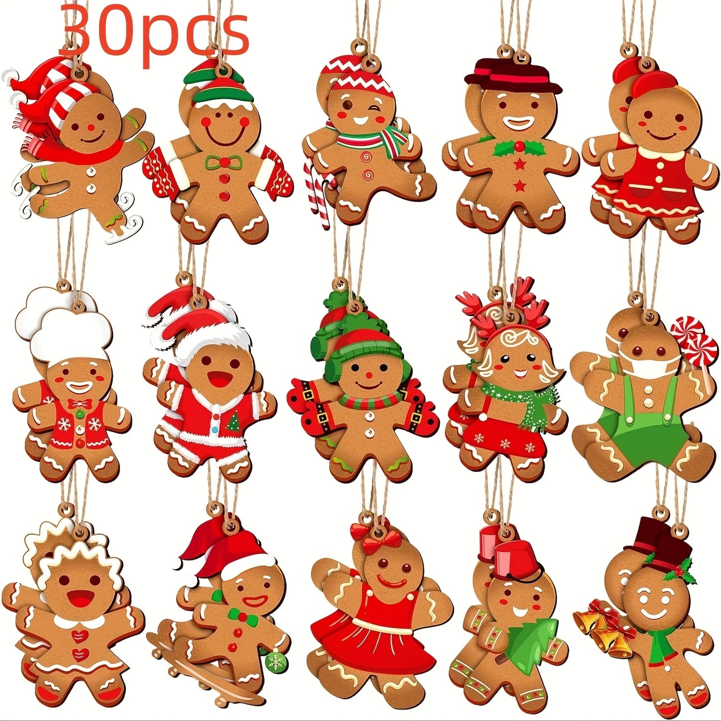 30-Piece Christmas Gingerbread-Shaped Ornaments  Wooden Decorations with Santa Hats Perfect for Christmas Trees and Home Decor