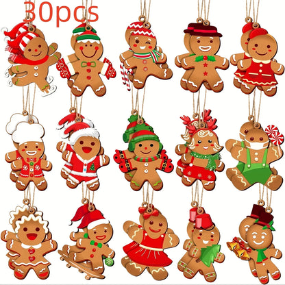 30-Piece Christmas Gingerbread-Shaped Ornaments  Wooden Decorations with Santa Hats Perfect for Christmas Trees and Home Decor