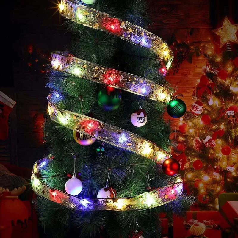 Christmas Decoration LED Ribbon Lights Christmas Tree Ornaments DIY Lace Bows String Light Navidad Home Decoration New Year 2025