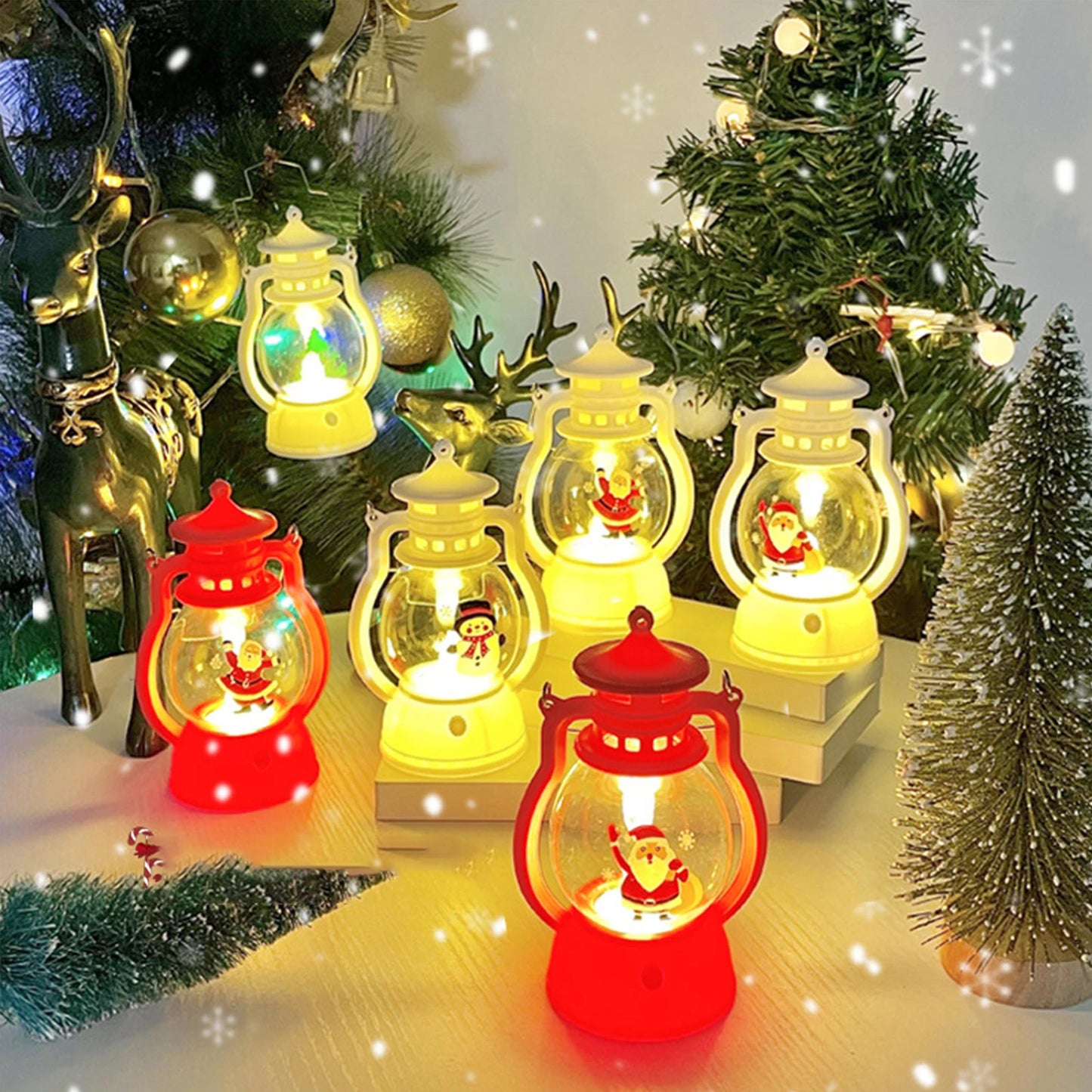 Christmas Lantern String Lights Battery Powered Santa Snowman Tree Pattern Decorative Lights