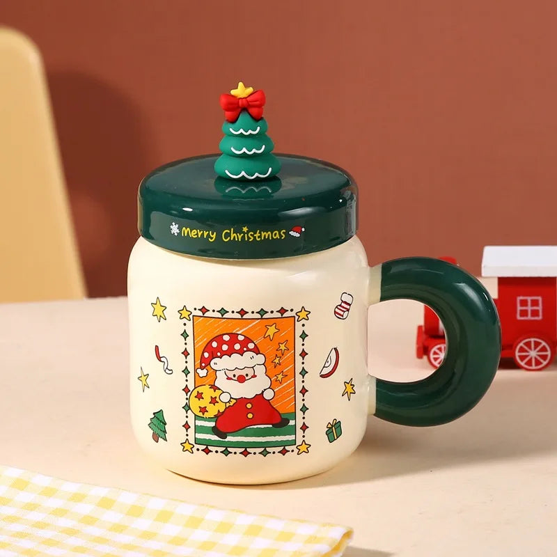 New Christmas gifts: Ceramic cups with LIDS, spoons, cartoon mugs, high appearance level, creative New Year gifts and souvenirs