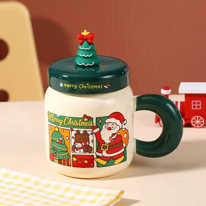 Christmas gifts: Ceramic cups with LIDS, spoons, cartoon mugs, high appearance level, creative New Year gifts and souvenirs