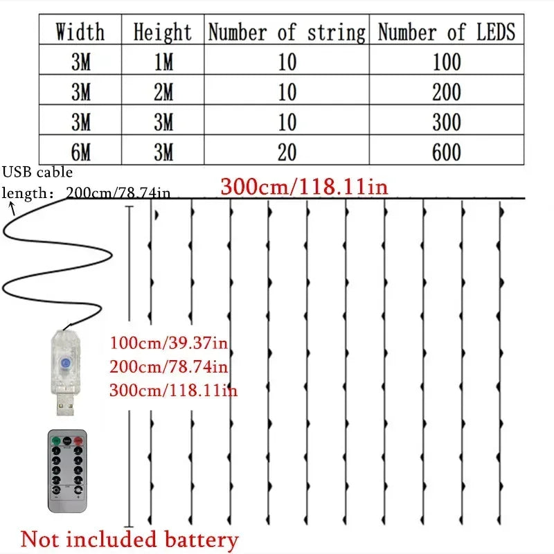 Christmas Fairy Light Party 8 Mode LED Holiday USB Curtain String Lights Birthday Decoration Garland Wedding Home Decor 3M 6M