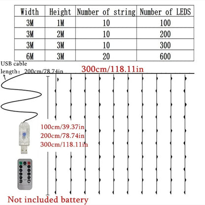 Christmas Fairy Light Party 8 Mode LED Holiday USB Curtain String Lights Birthday Decoration Garland Wedding Home Decor 3M 6M