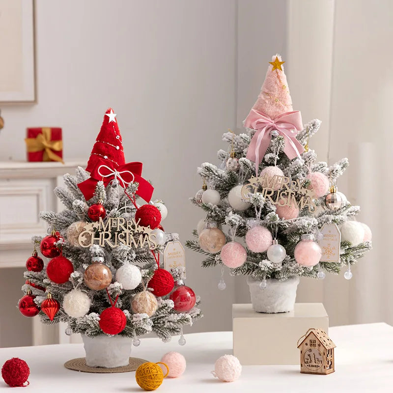 Christmas Tree DIY Set 35cm Xmas Tree with LED Lights Tabletop Ornament for Navidad Party Pine Flocked Snow Tree Decora Gift