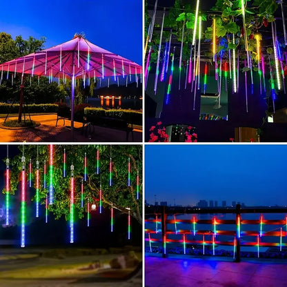 Christmas Lights Outdoor 8 Tube 144 LEDs Meteor Shower Lights Outdoor Hanging Light for Gazebo Tree Icicle Garden Yard Decor
