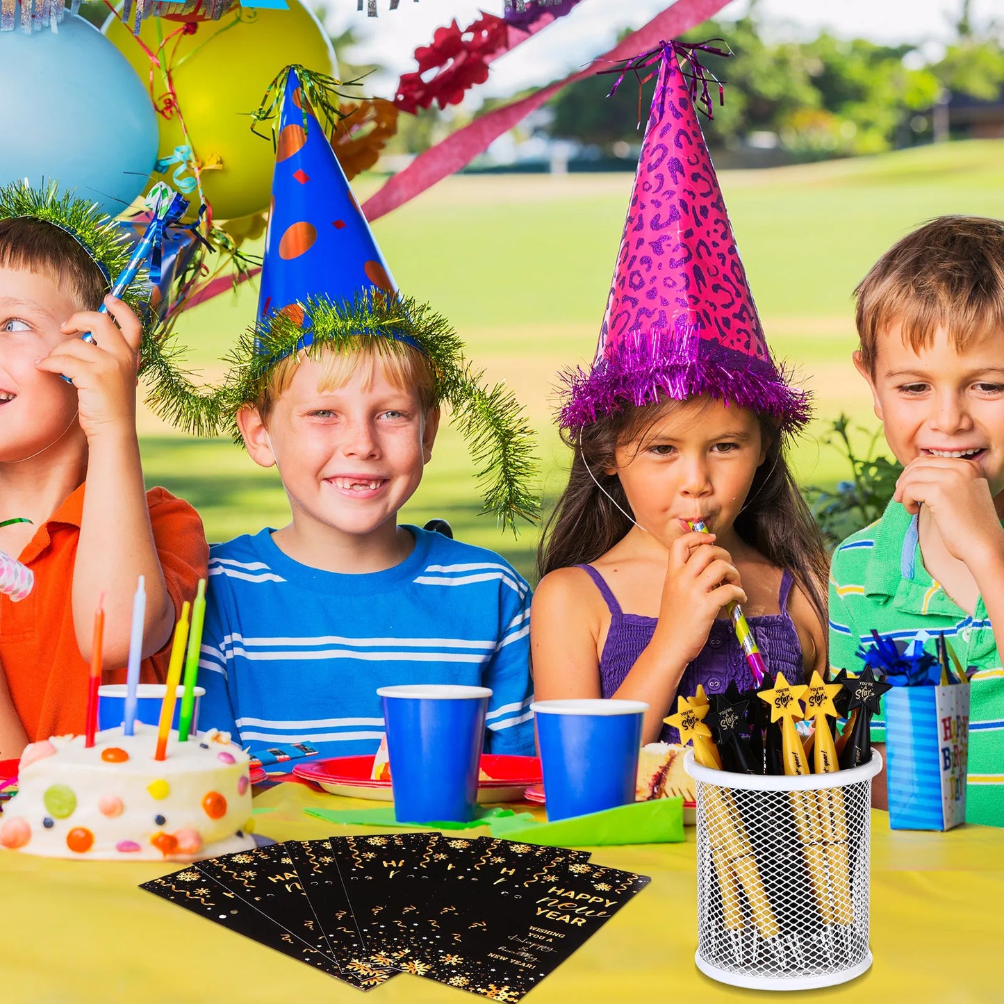 24Sets Happy New Year Gifts Include Star Pens Blessing Cards You're a Star Ballpoint Pen with Tie Opp Bag for Employee Coworkers