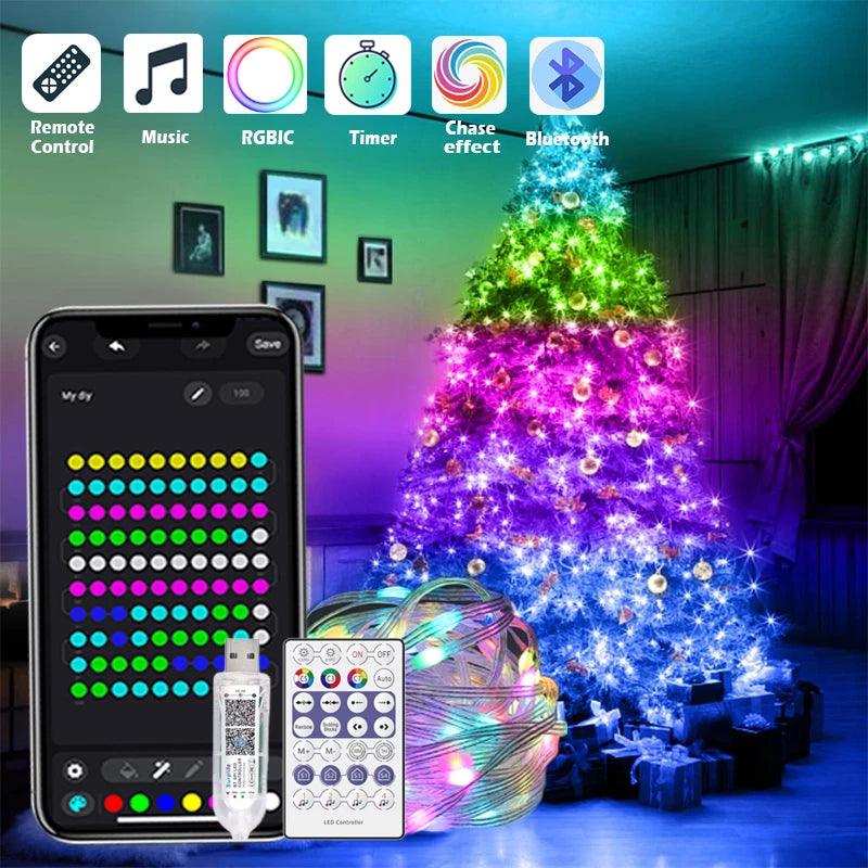 Christmas Tree Lights Outdoor Indoor, 100LED 10M WS2812B RGBIC Lights, String Lights IP65 Waterproof Bluetooth Fairy LED String
