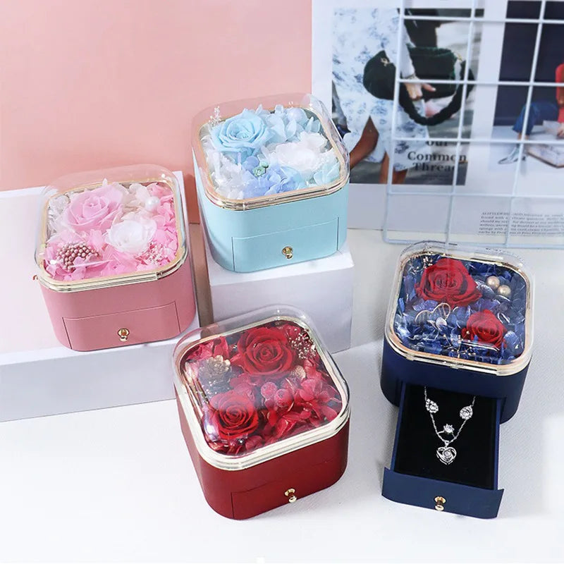 Christmas & Valentine's Day Gift - Real Natural Preserved Eternal Rose Flower Acrylic Box Ideal Gifts for Women & Girls