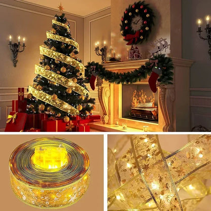 Christmas Decoration LED Ribbon Lights Christmas Tree Ornaments DIY Lace Bows String Light Navidad Home Decoration New Year 2025