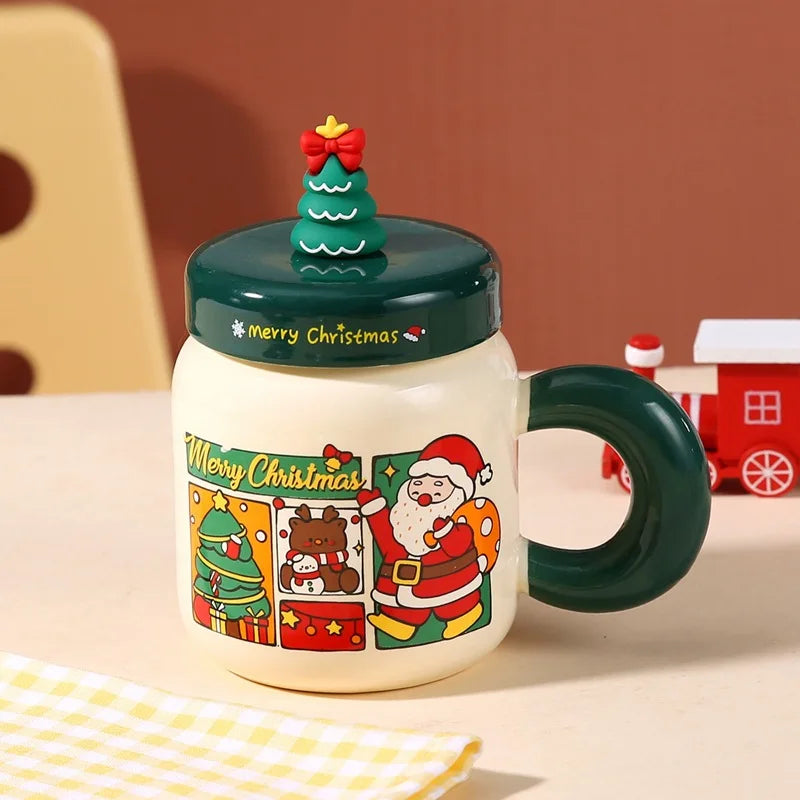 New Christmas gifts: Ceramic cups with LIDS, spoons, cartoon mugs, high appearance level, creative New Year gifts and souvenirs