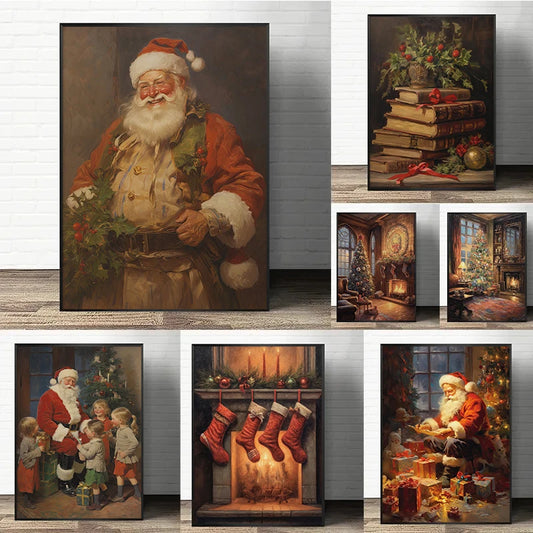 Vintage Merry Christmas Christmas Trees Gifts Snowman Stacking Victorian Art Poster Canvas Painting Wall Art Pictures Home Decor