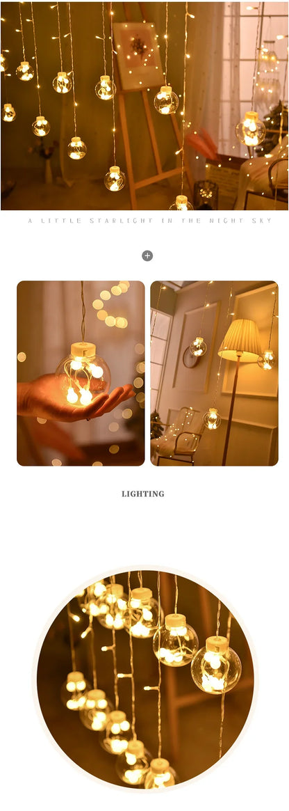 Christmas Decoration LED Lights Curtain Garland Wishing Ball Lamp Fairy String for Festoon Light Party New Year's Bedroom Living