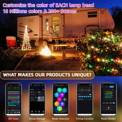 Christmas Tree Lights Outdoor Indoor, 100LED 10M WS2812B RGBIC Lights, String Lights IP65 Waterproof Bluetooth Fairy LED String