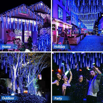 Christmas Lights Outdoor Meteor Shower Lights 8 Tubes Snow Falling Rain Cascading Icicle Lights for Tree Garden Decorations