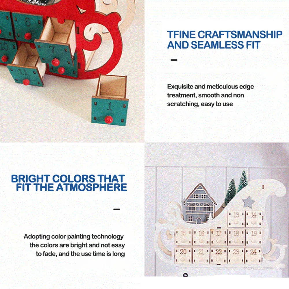 Christmas Advent Calendar Ornaments Wooden Luminous Decoration Gadget with 24 Drawers with LED Light Storage Home Party Gifts