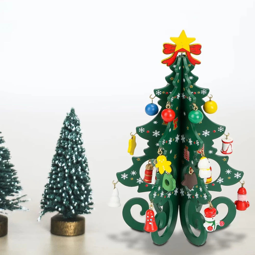 Classic Wooden Christmas Trees with Ornaments Handcrafted Tabletop Holiday Decor Festive Miniature Pine Tree Set for Home Party