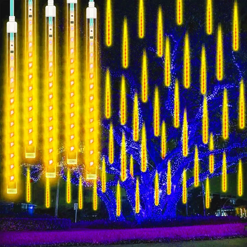 Christmas Lights Outdoor 8 Tube 144 LEDs Meteor Shower Lights Outdoor Hanging Light for Gazebo Tree Icicle Garden Yard Decor
