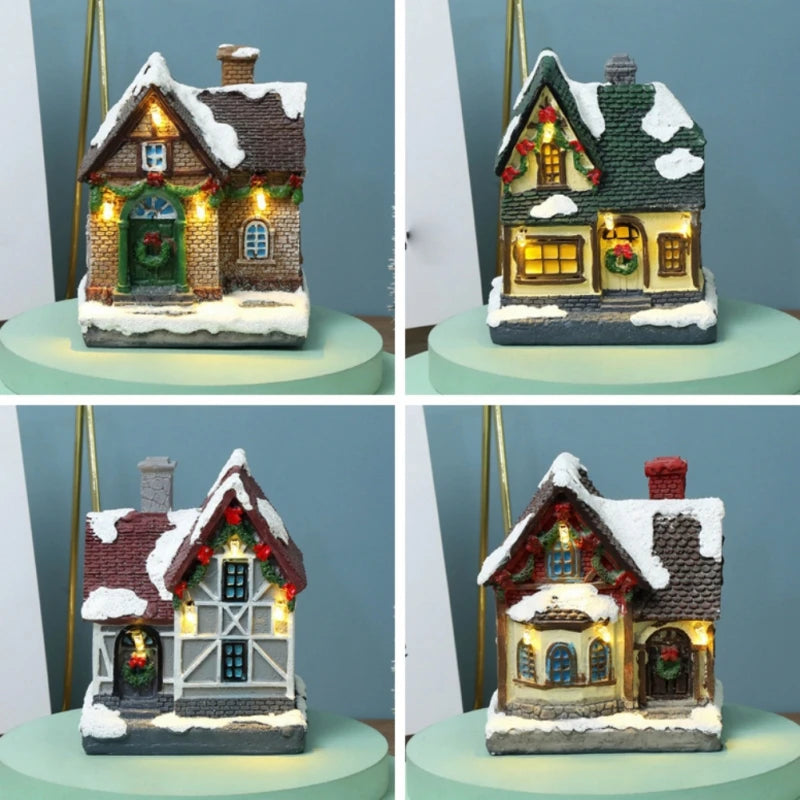 Christmas Led Light House Christmas Tree Ornaments LED Resin Small Village House Xmas Glow Happy New Year Decors Without Battery