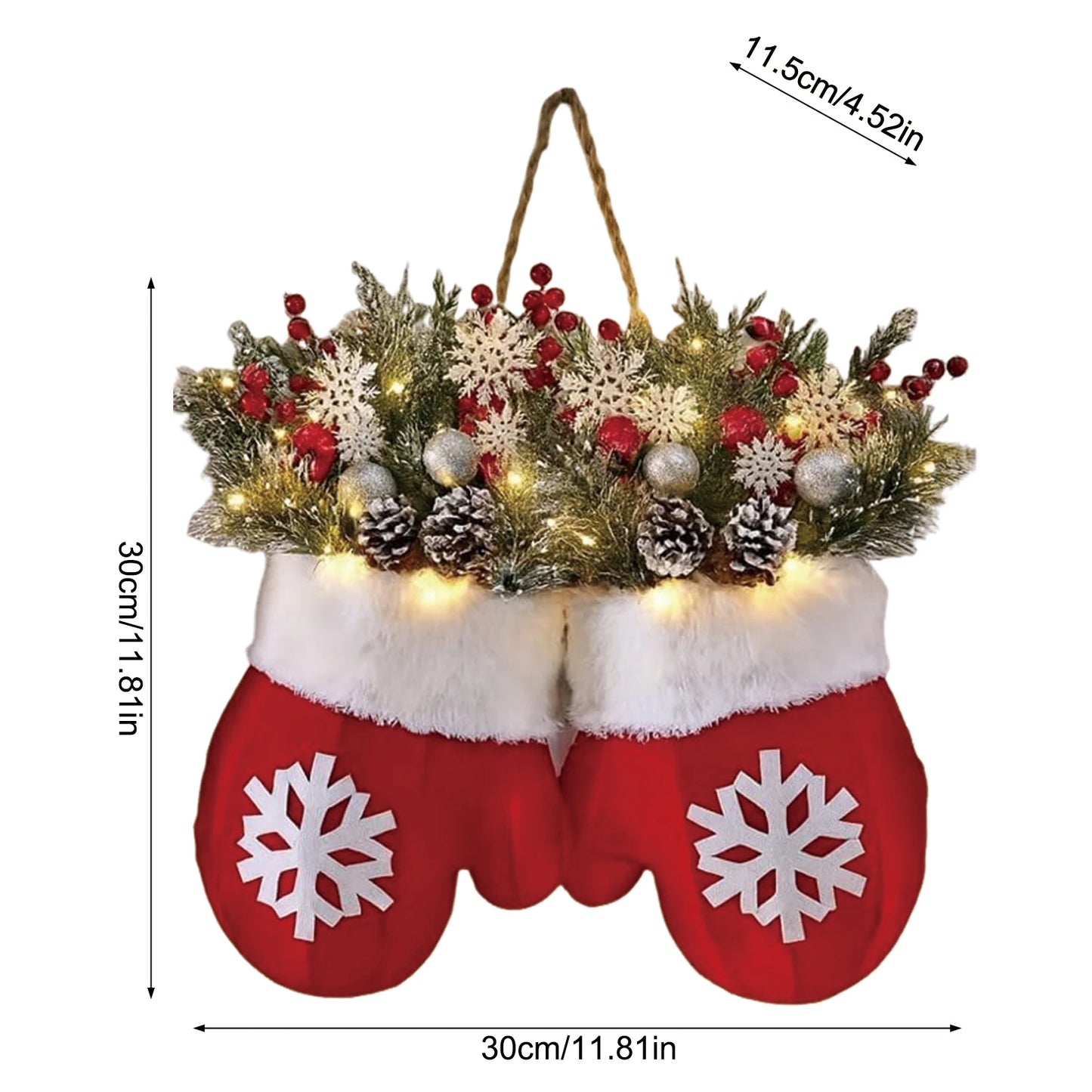 Christmas Gloves Wreath Hanging Ornament Decoration Frosted Pinecones And Red Berries For Holiday Home Wall And Stair Door Decor