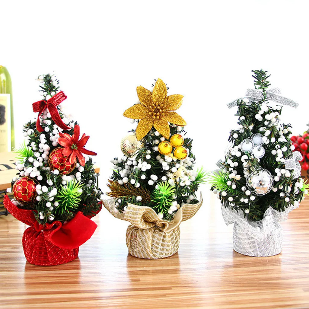 Christmas Tabletop Tree Ornament Decorative Mini Tree With Baubles Flowers Holiday Festive Home Desktop Decor Party Ornament