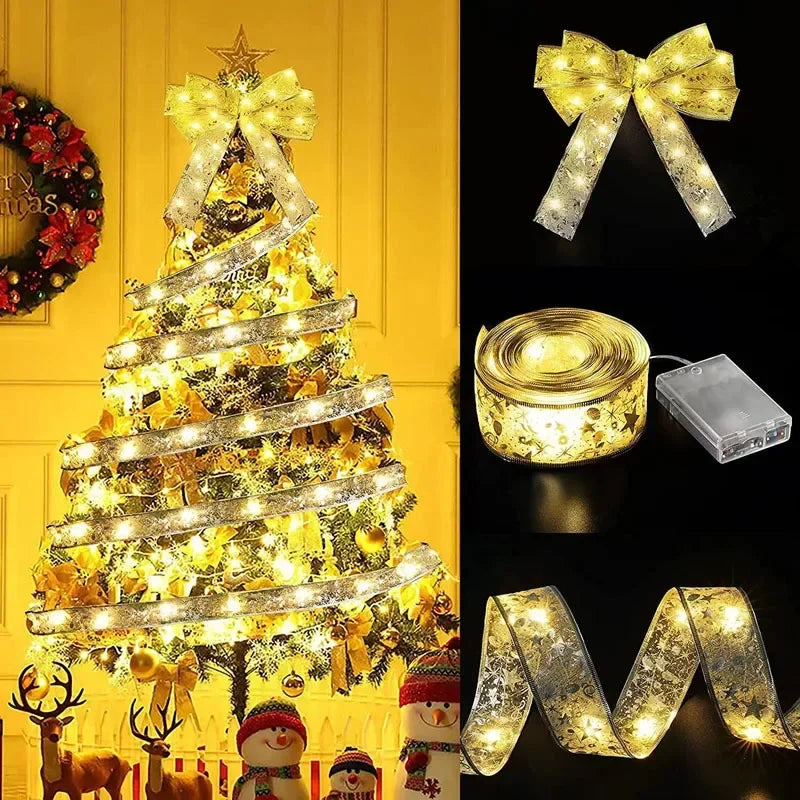 Christmas Decoration LED Ribbon Lights Christmas Tree Ornaments DIY Lace Bows String Light Navidad Home Decoration New Year 2025