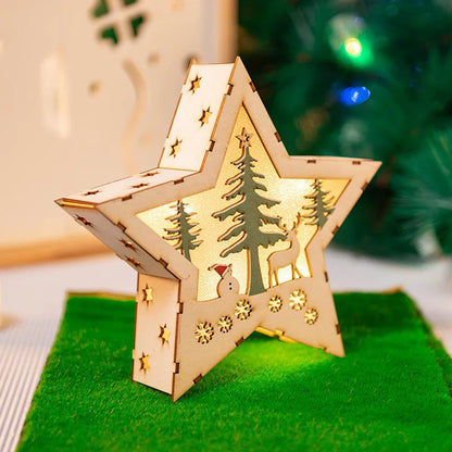 Christmas Decorations DIY Handmade House Luminous Wooden Ornaments Christmas Tree Snowman Atmosphere Pendant Send Light String
