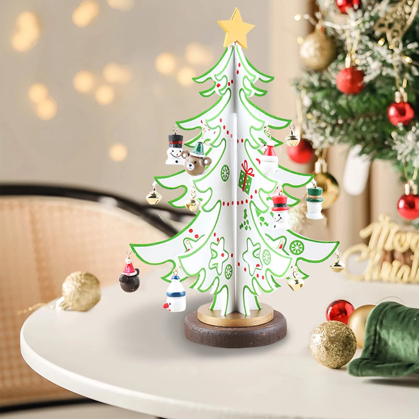 Christmas Wooden 3D Tree Ornament Festive Holiday Decor Tabletop Decoration Accessory Indoor Christmas Party Favor
