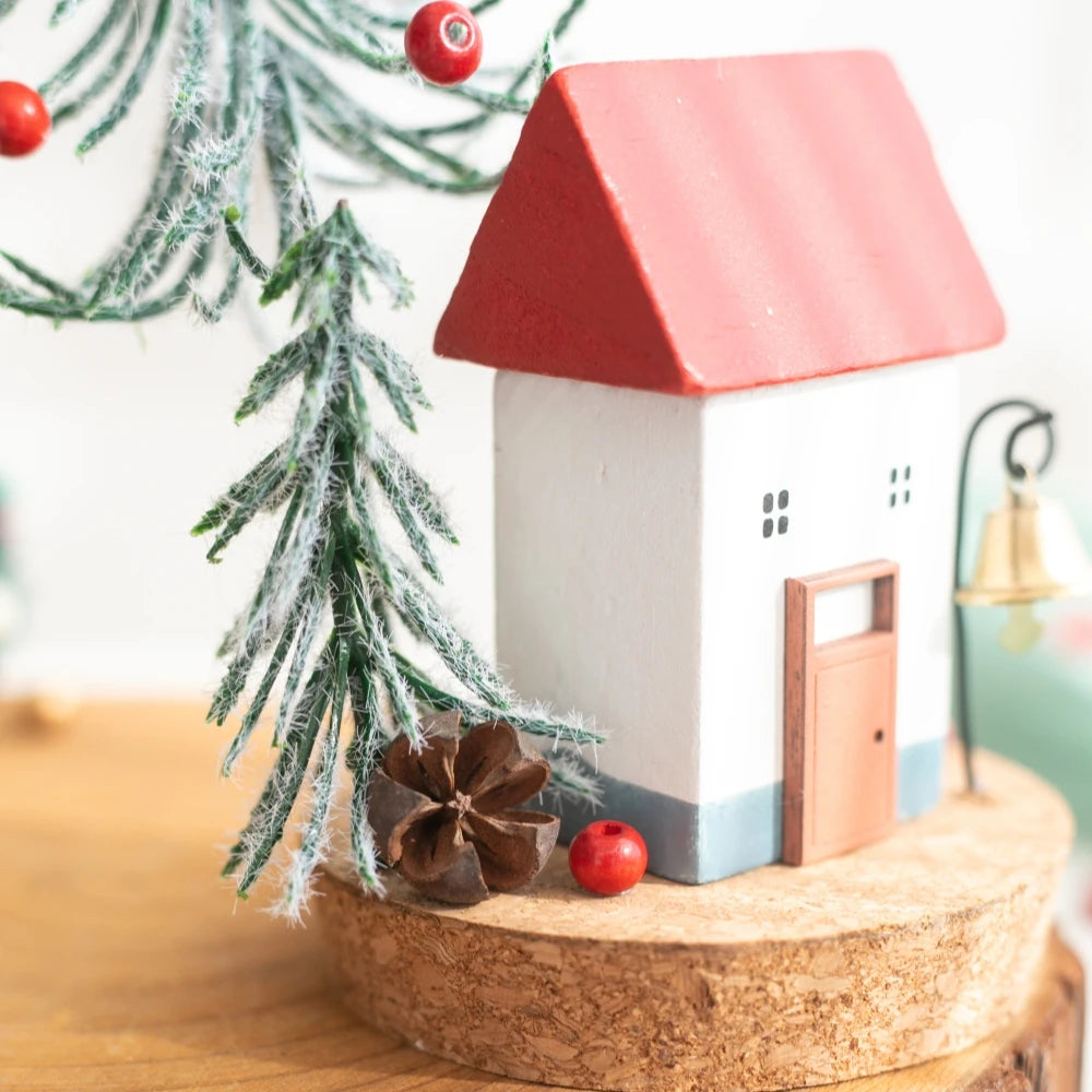 Christmas Tabletop Decorations Winter Wooden House with Mini Artificial Trees Sign Home Room Living Room Decorations Ornaments