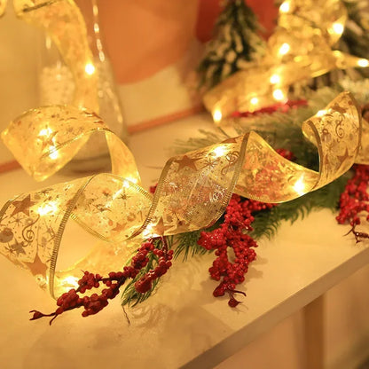 Christmas Decoration LED Ribbon Lights Christmas Tree Ornaments DIY Lace Bows String Light Navidad Home Decoration New Year 2025