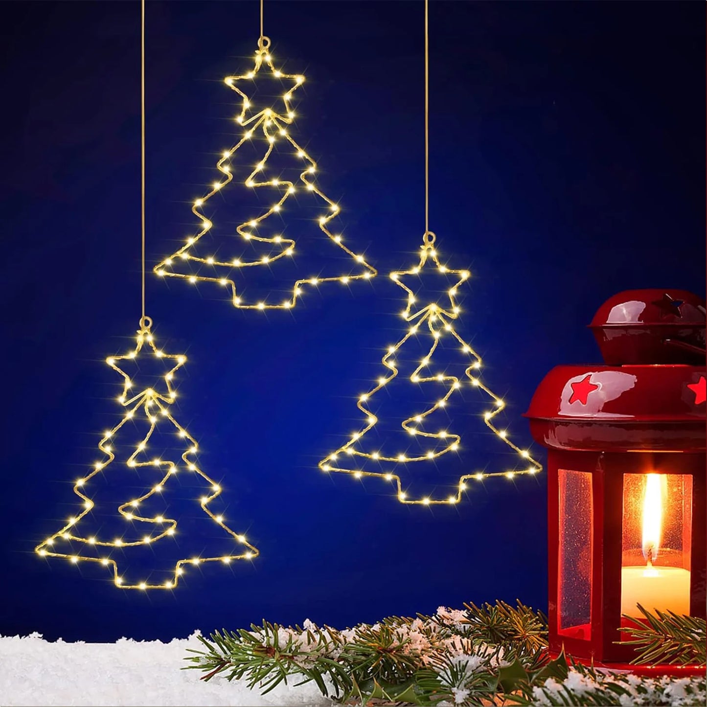 Christmas Tree Lights Battery Powered Metal Framed Hanging Christmas Window Fairy Light Decorations with Timer for Xmas New Year