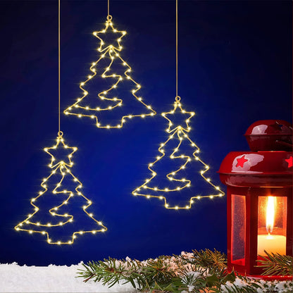 Christmas Tree Lights Battery Powered Metal Framed Hanging Christmas Window Fairy Light Decorations with Timer for Xmas New Year