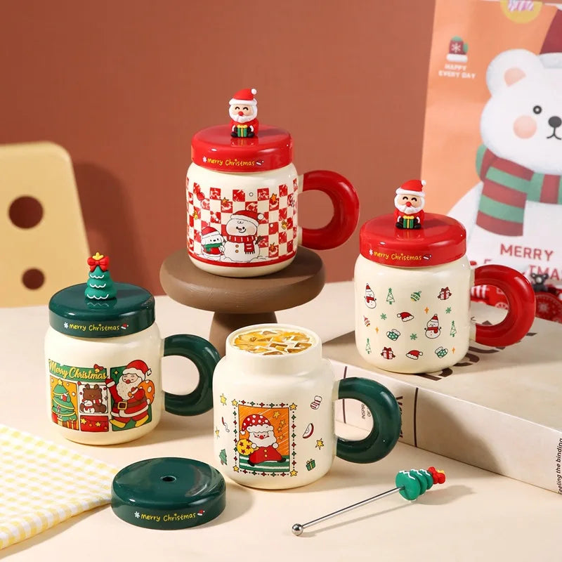 New Christmas gifts: Ceramic cups with LIDS, spoons, cartoon mugs, high appearance level, creative New Year gifts and souvenirs