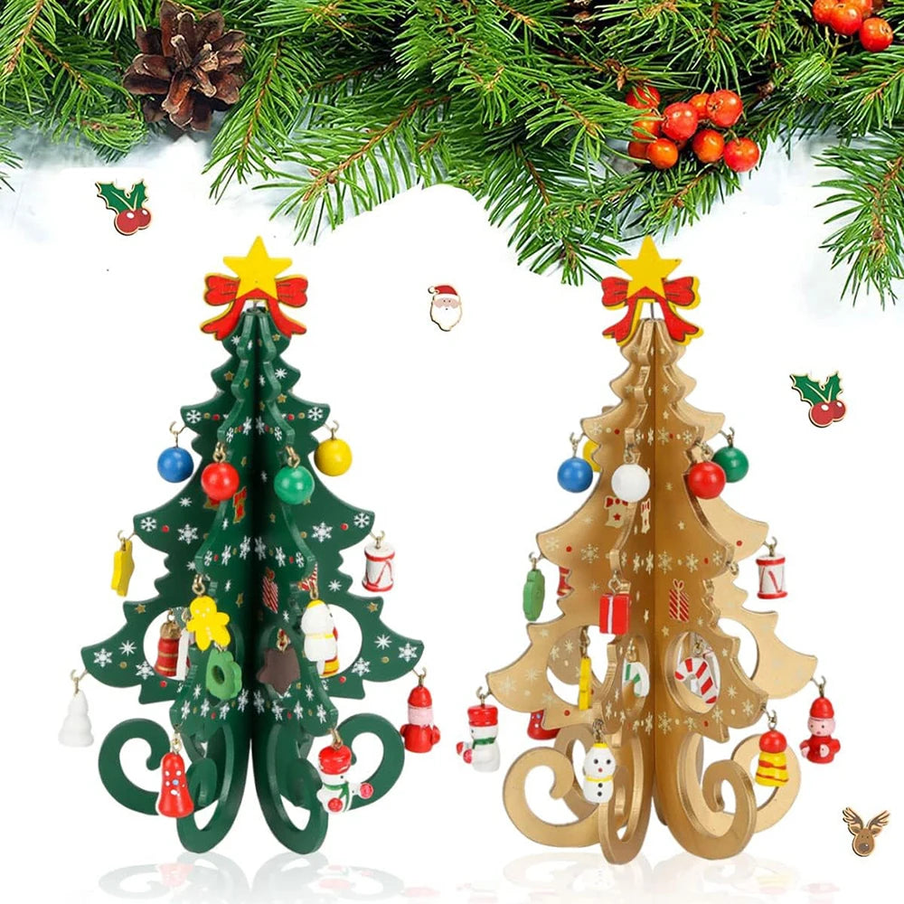 Classic Wooden Christmas Trees with Ornaments Handcrafted Tabletop Holiday Decor Festive Miniature Pine Tree Set for Home Party