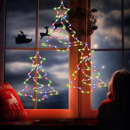 Christmas Tree Lights Battery Powered Metal Framed Hanging Christmas Window Fairy Light Decorations with Timer for Xmas New Year