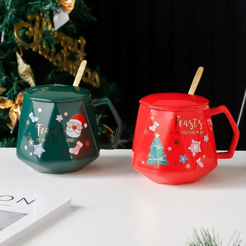 Christmas Ceramic Coffee Mug with Lid & Stirrer