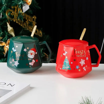 Christmas Ceramic Coffee Mug with Lid & Stirrer