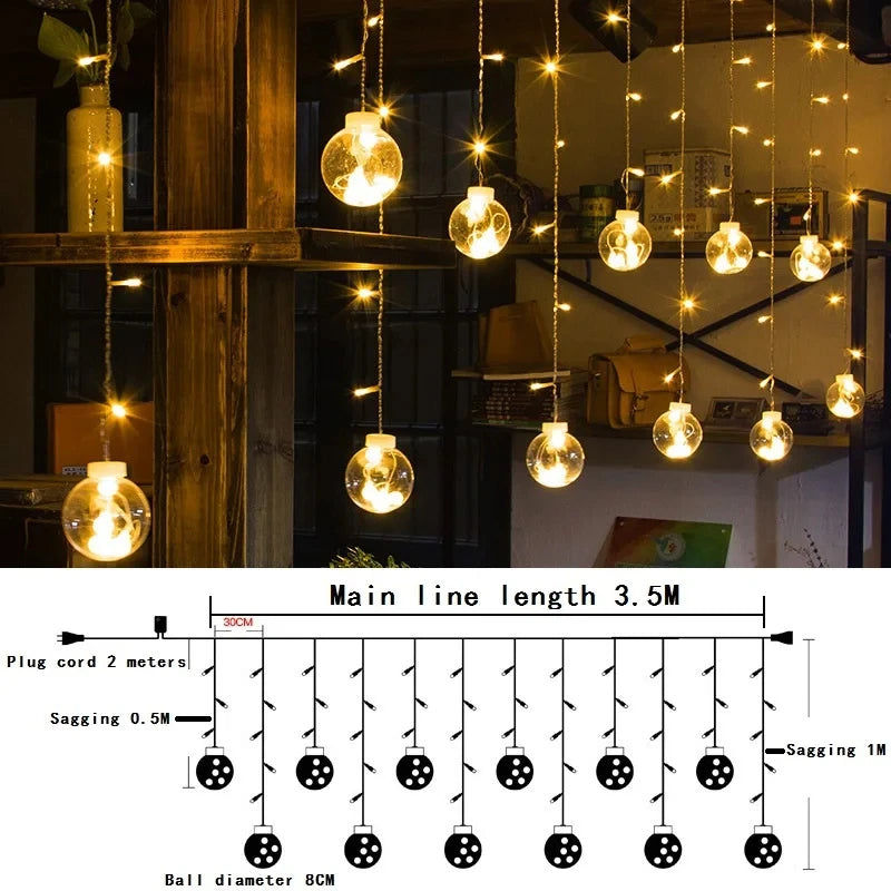 Christmas Decoration LED Lights Curtain Garland Wishing Ball Lamp Fairy String for Festoon Light Party New Year's Bedroom Living